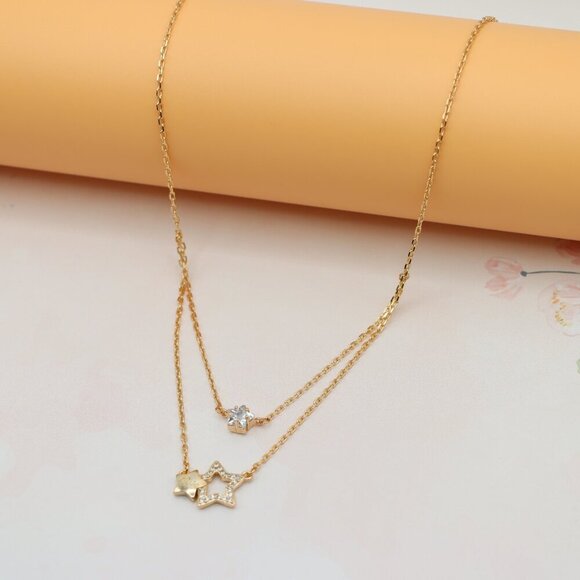 "Double-Layered Rose Gold Necklace with Sparkling Star Charms, XPNL0152 - Picture 8 of 12